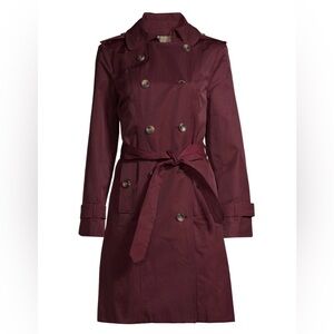 London Fog Women’s Trench Coat Size L Black Cherry | Removable Hood | Belted